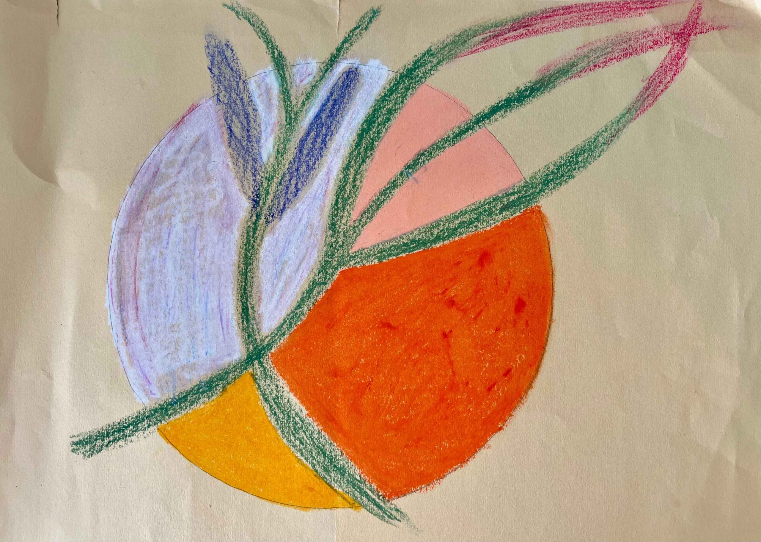 Mandala colored pencil drawing on cream paper shows two branches with leaves crossed and placed over a circle. The circle has been colored in sections with lavender, peach, orange, and yellow.